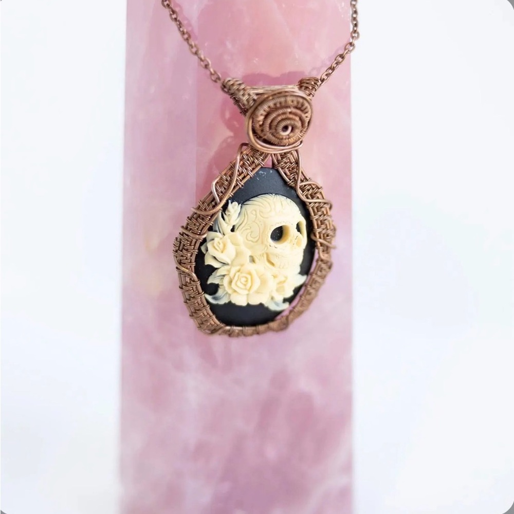 Skull and Flowers Wire Wrapped Pendant Necklace